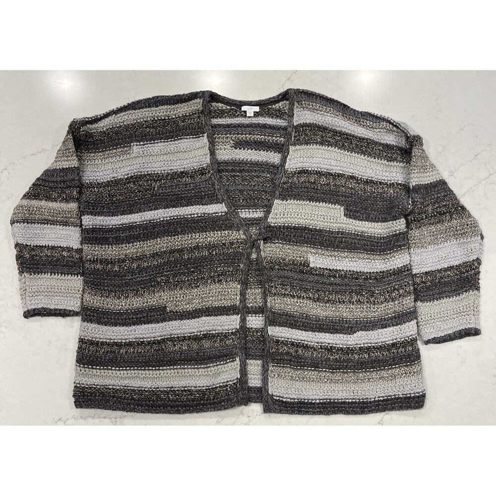 J Jill Sz XL Minimalist Lagenlook Boho Open Cardigan Sweater Gray Striped Knit